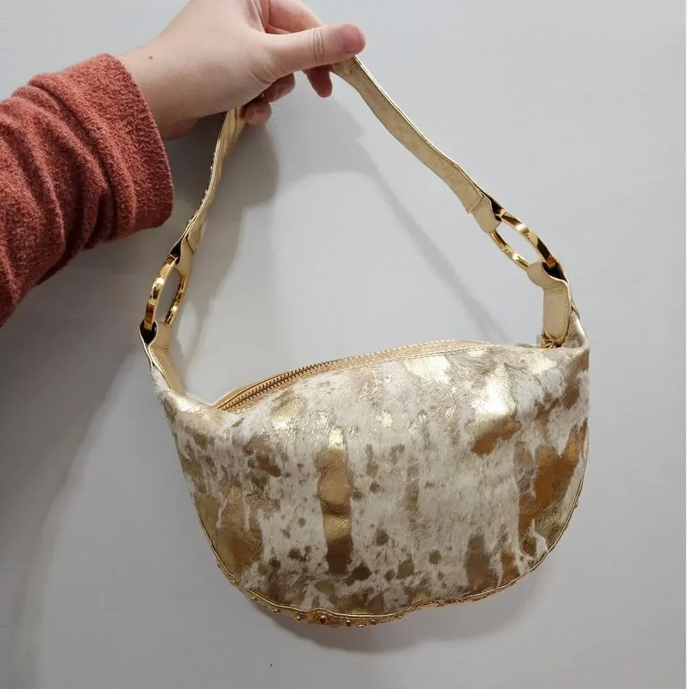 Junior Drake Luxury Gold Studded Cowhide Hobo Shoulder Bag w/ Dust Bag